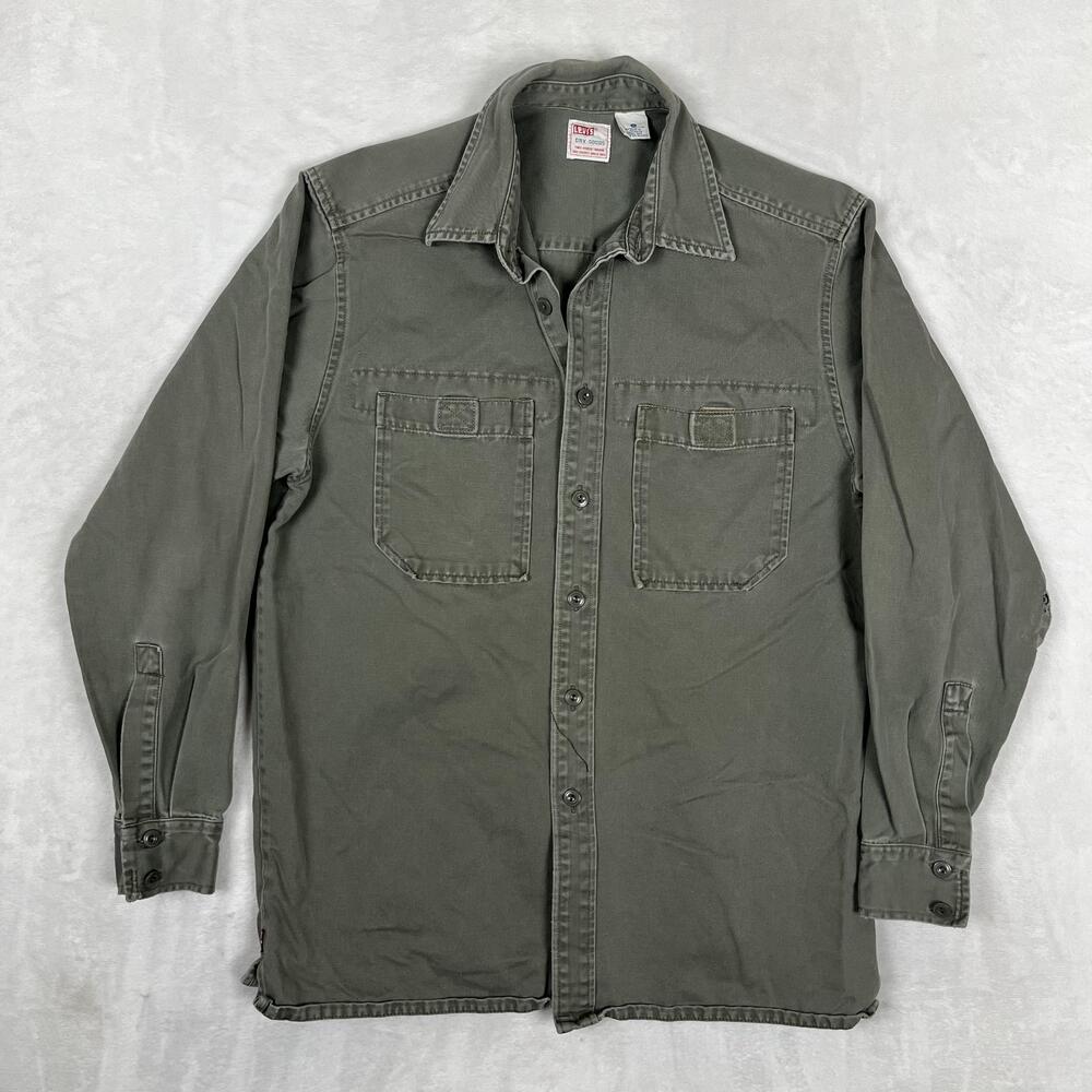 VTG Levi's Shirt Mens Small Green Solid Twill Long Sleeve Button Front Workwear